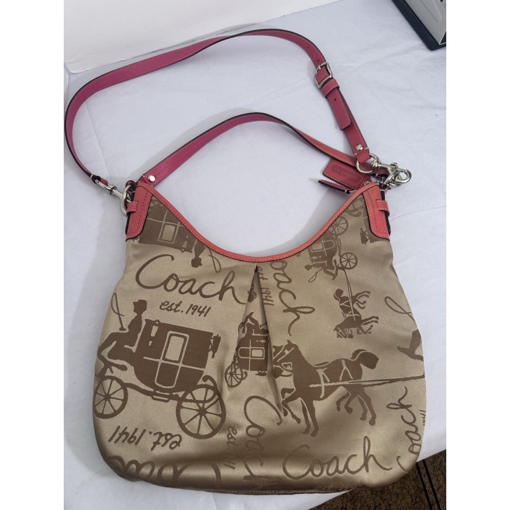 Coach Horse & Carriage Sateen Hobo Shoulder Bag Pink Leather‎ Trim Style F14480